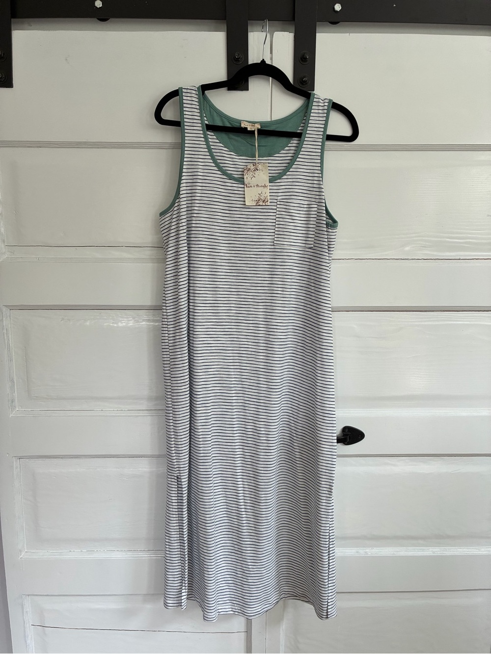 Hem & Thread Blue and White Striped Tank with Sage Trim
